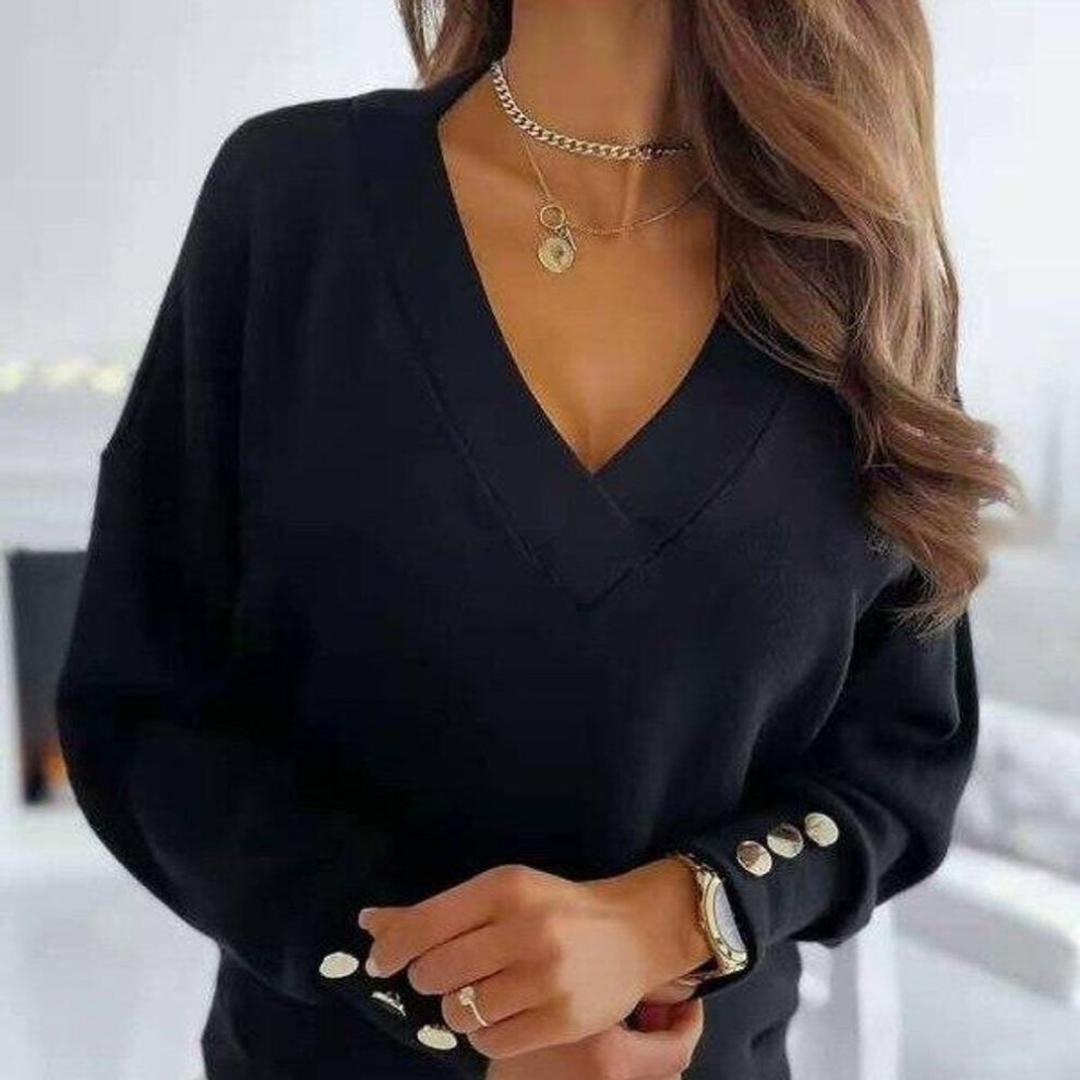 (M, black) Autumn Pullover Women Sweater Loose V-neck Jumper Knitted Sweater Loose Office Lady Casual Winter Female Sweaters 12827