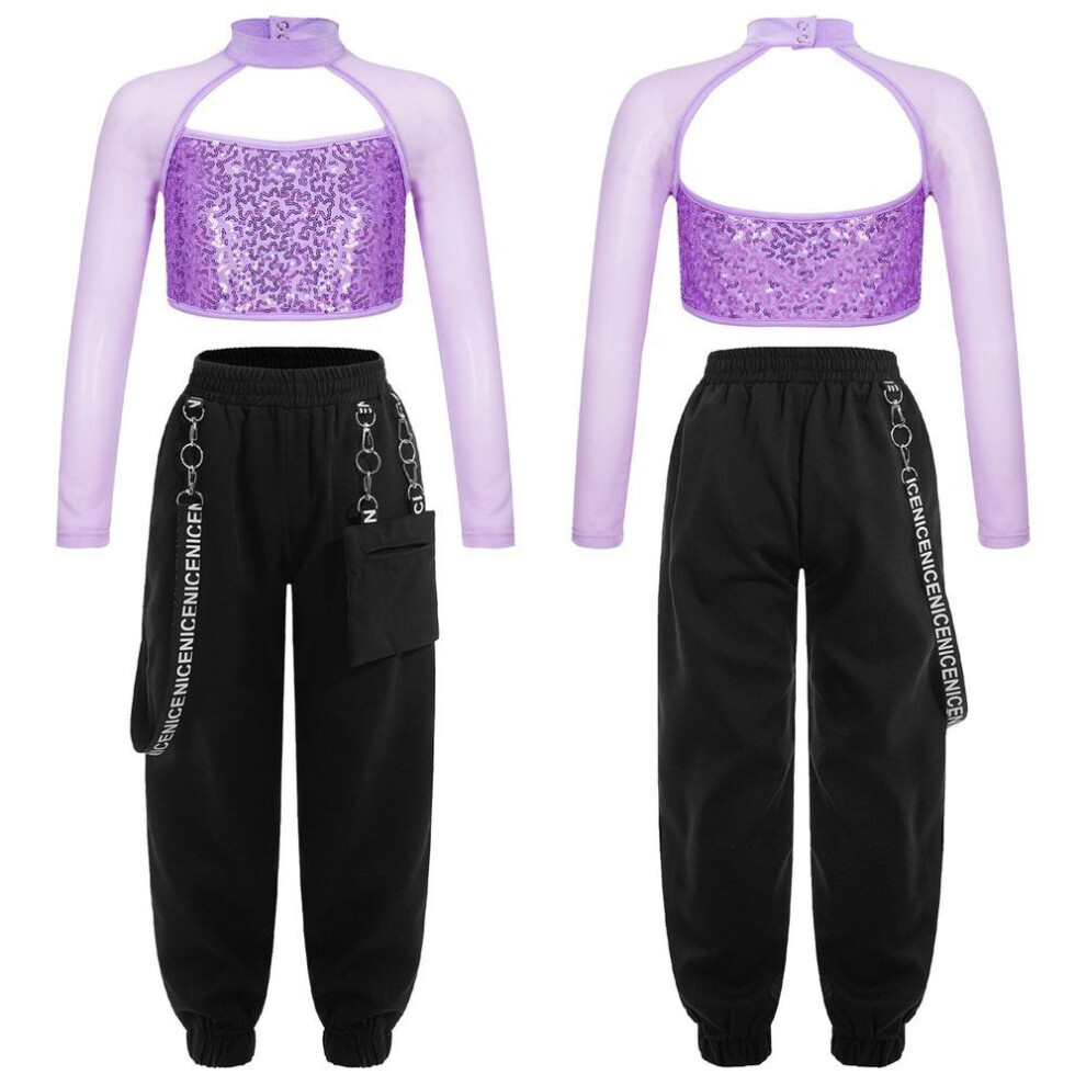 (lavender, 15-16 Years) Kids Girls Casual Outfits Long Sleeve Mock Neck Crop Top With Elastic Waistband Pants For Hip-hop Street Dance
