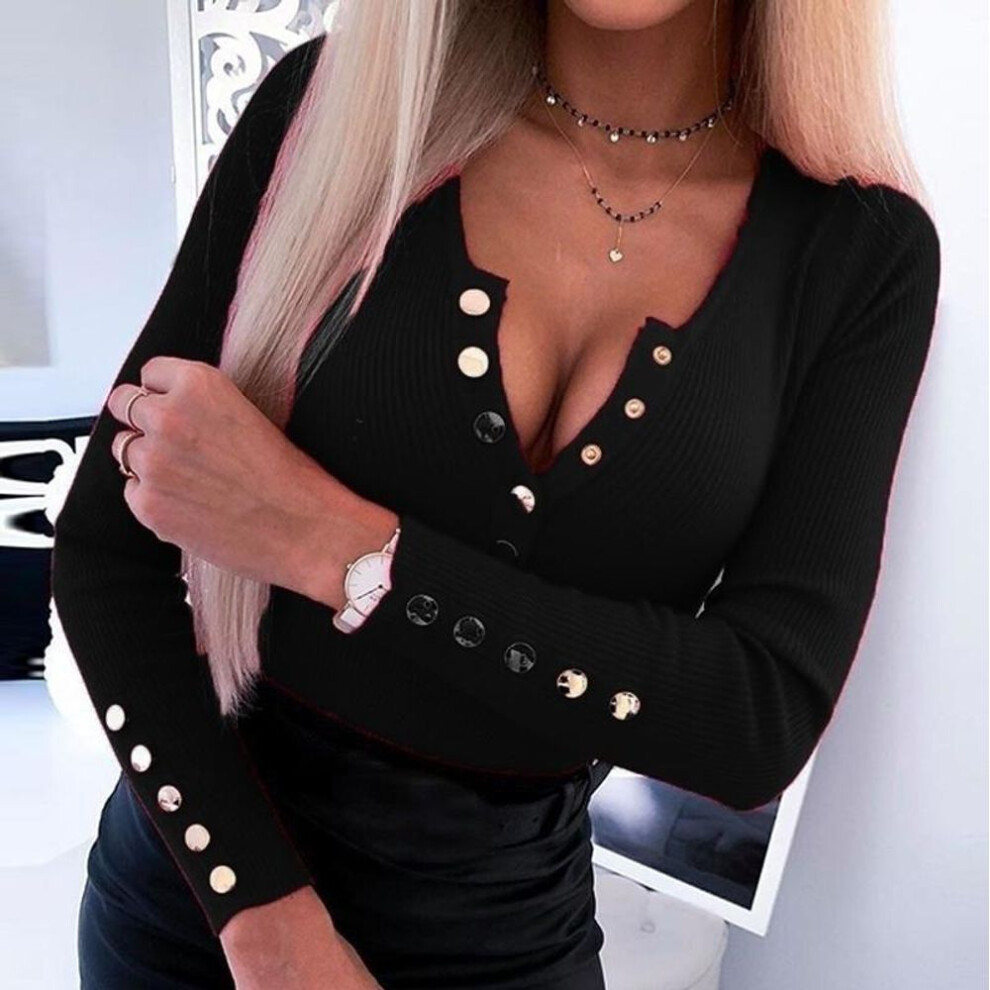 (XXL, black) Women Slim Basic T-shirts Button V-neck Long Sleeve Tee Shirts Ladies Plus Size Tops
