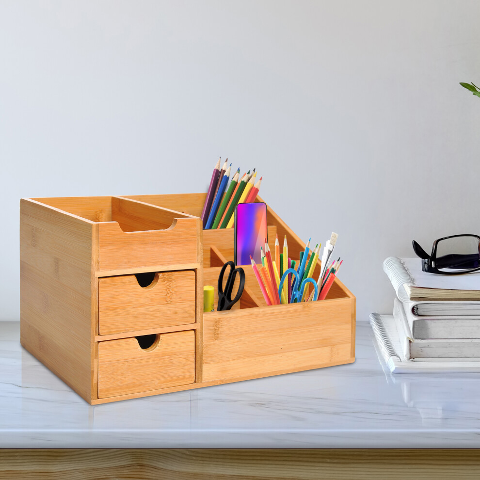 HOMCOM Organiser Holder Multi-Function Storage Caddy Drawers Natural Bamboo