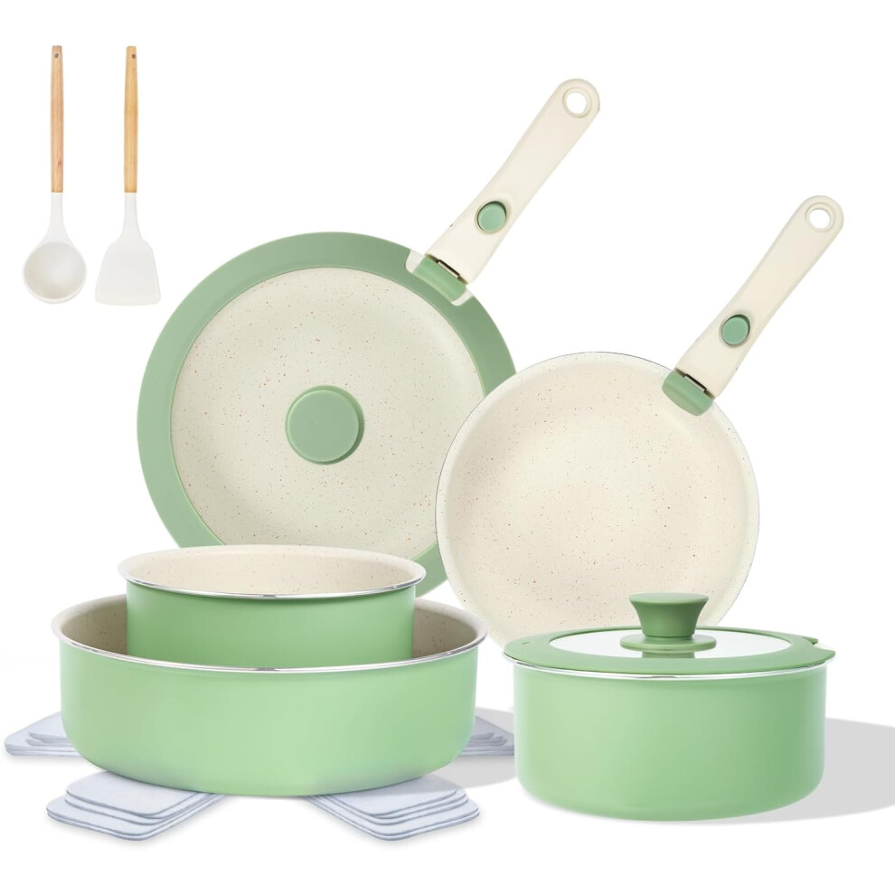 (16 Piece, Sage Green) Pots and Pans Sets Non Stick, 16pcs Induction Hob Pan Set Removable Handle, Stackable Granite Cookware Set, Oven Safe Saucepan Set