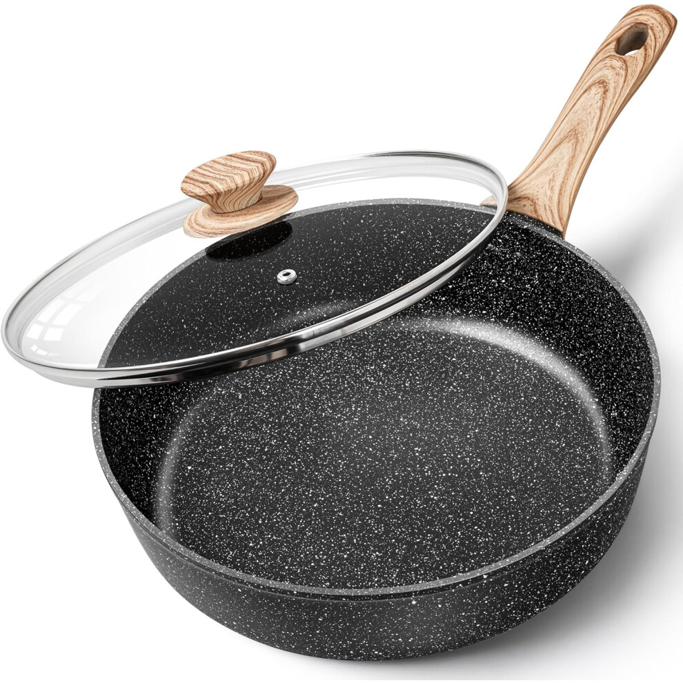 (Saute Pan 28cm, Black) Frying Pan, Non Stick Frying Pan 28cm, Frying Pan with Lid with Soft Bakelite Handle,Saute Pan with Lid，Deep Frying Pan for Induction Hob, 28cm