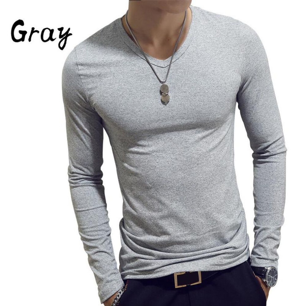(gray, M) Elastic Mens T-shirt V-neck Long Sleeve Men T Shirt For Male Cotton T-shirts Man Clothing Tshirt Top Tees