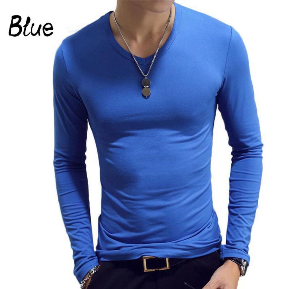 (blue, L) Elastic Mens T-Shirt V-Neck Long Sleeve Men T Shirt For Male Cotton T-Shirts Man Clothing TShirt Top Tees