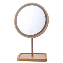 (As show, One size) 1Pc Wooden Makeup Mirror with LED Light 90 Swivel Tabletop LED Vanity Mirror