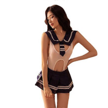(As show, One size) Sexy lingerie sailor suit student uniform temptation open crotch jumpsuit
