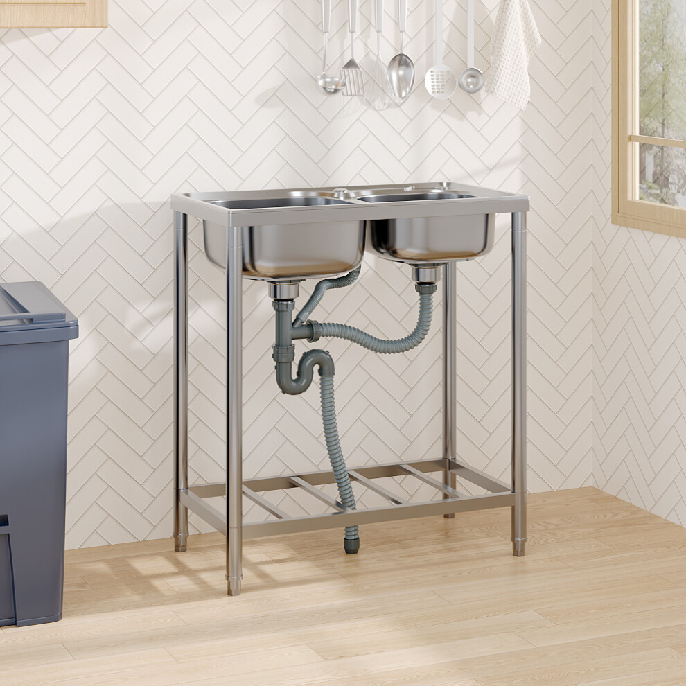 Free Standing Commercial Stainless Steel Double Bowl Sink