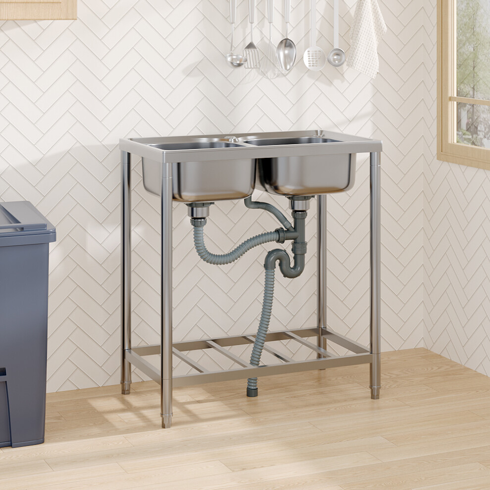 Free Standing Stainless Steel Double Bowl Sink