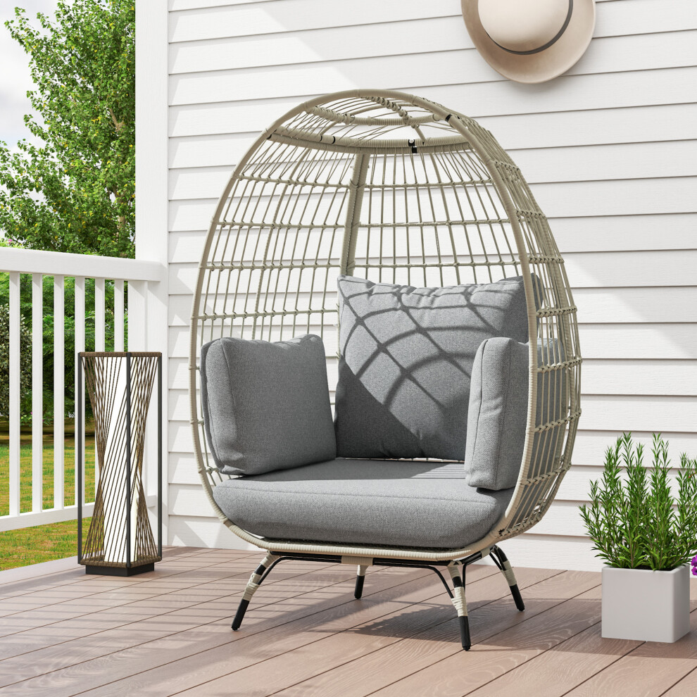 Outsunny Pe Rattan Egg Chair W/ Padded Cushions For Garden, Charcoal Grey
