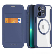 (Blue) DUX DUCIS Case For IPhone 13 Pro With RFID Blocking Card Slot PU Leather Cover Shockproof Full Protective Flip Folio Wallet Case Case Wallet With