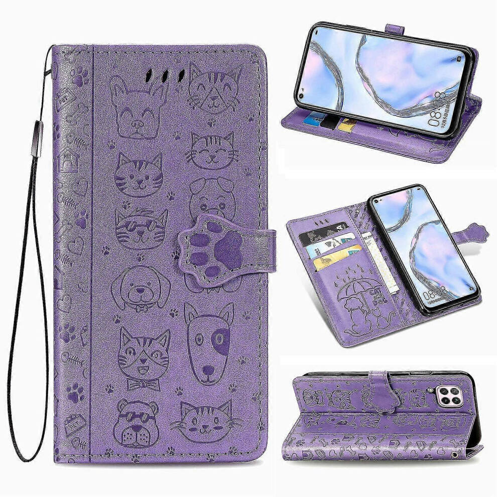 (As Show, One Size) Phone Case For Huawei P40 Lite Flip Wallet Case Relief Etui House Cat And Dog Pattern - Purple Not,Specified 6953460340404