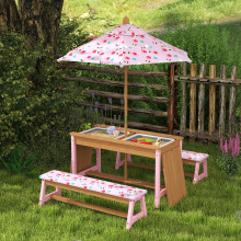 AIYAPLAY Pink Kids Picnic Table & Bench Set: Wooden Outdoor Table with Removable Top, Sandbox Storage, 4 Seats, Flamingo Cushions & Umbrella