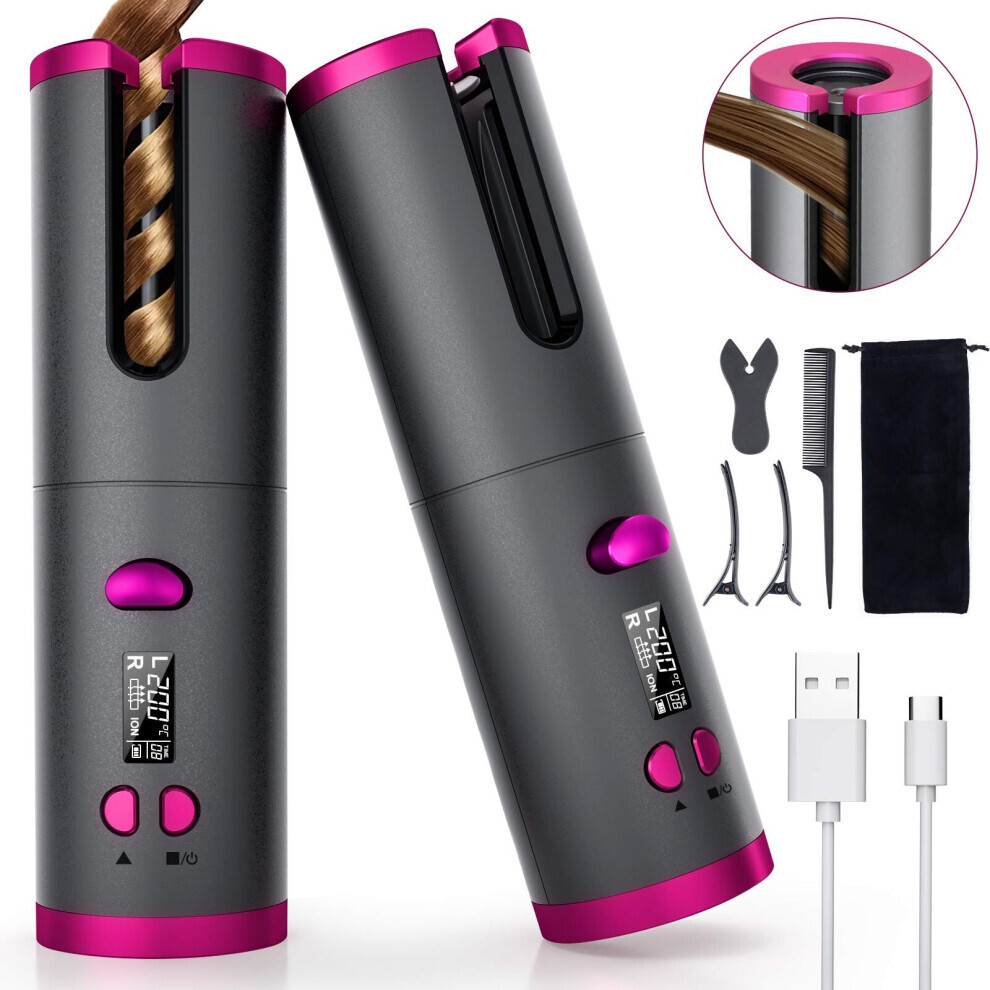 Cordless Auto Hair Curler, Automatic Curling Iron with LCD Display Adjustable Temperature & Timer, Portable Rechargeable Rotating Ceramic Barrel