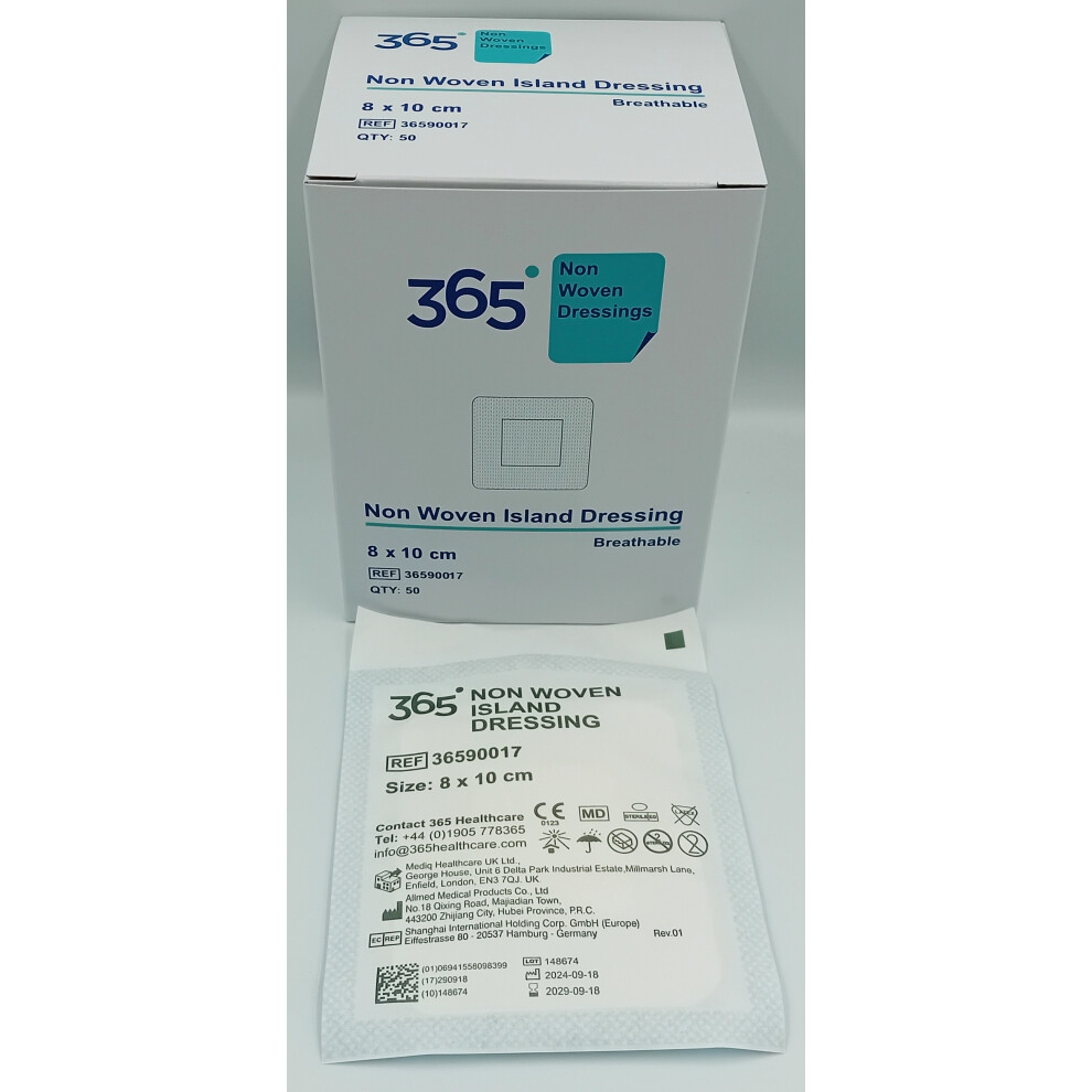 365 Sterile Non-Woven Island Dressing 8 X 10 Cm - Hypoallergenic Adhesive Border, Absorbent Pad, Individually Wrapped (Ref Tj36590017)