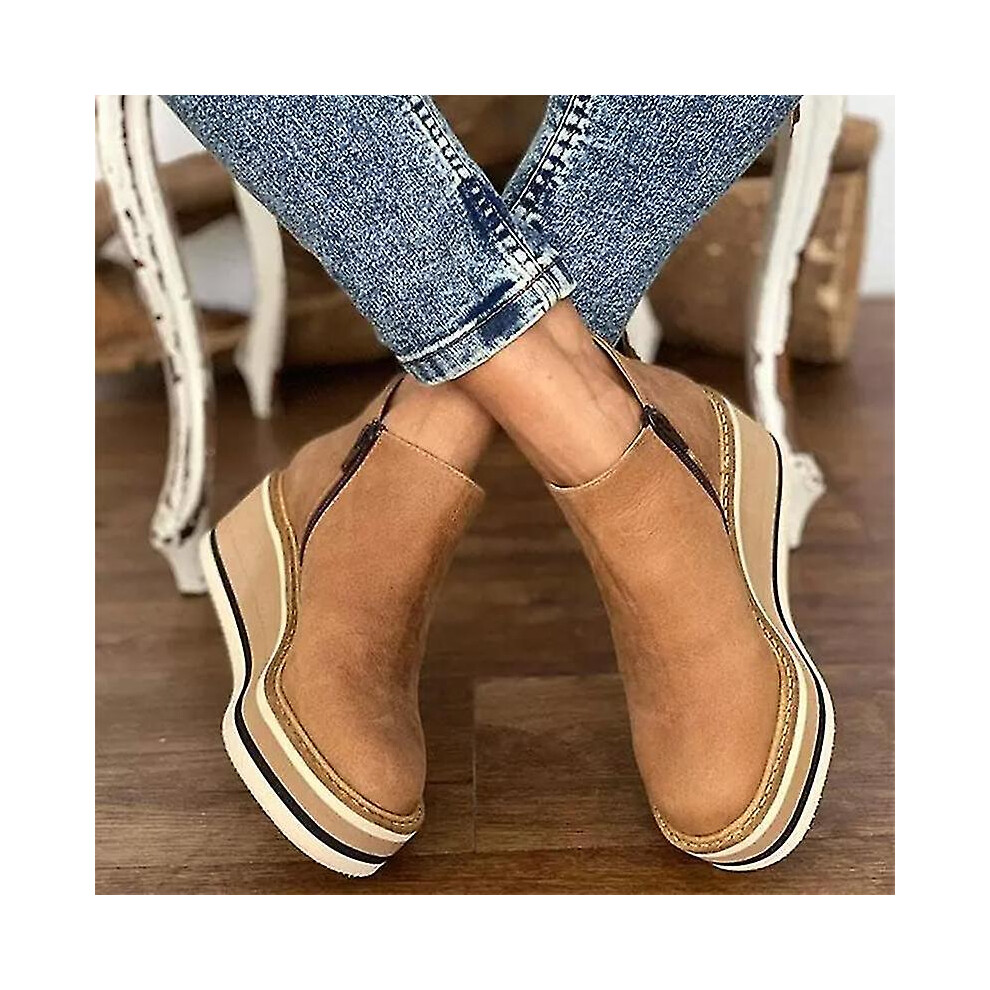 (Khaki, 38) Women"s Premium Solid Colors Wedge Ankle Boots Round Toe Footwear Wedges Casual Shoes Fashionable