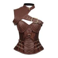 (4XL,Brown)Women's Vintage Steel Boned Corset Steampunk Jacket Armor With Shoulder Burlesque Costumes Shapewear