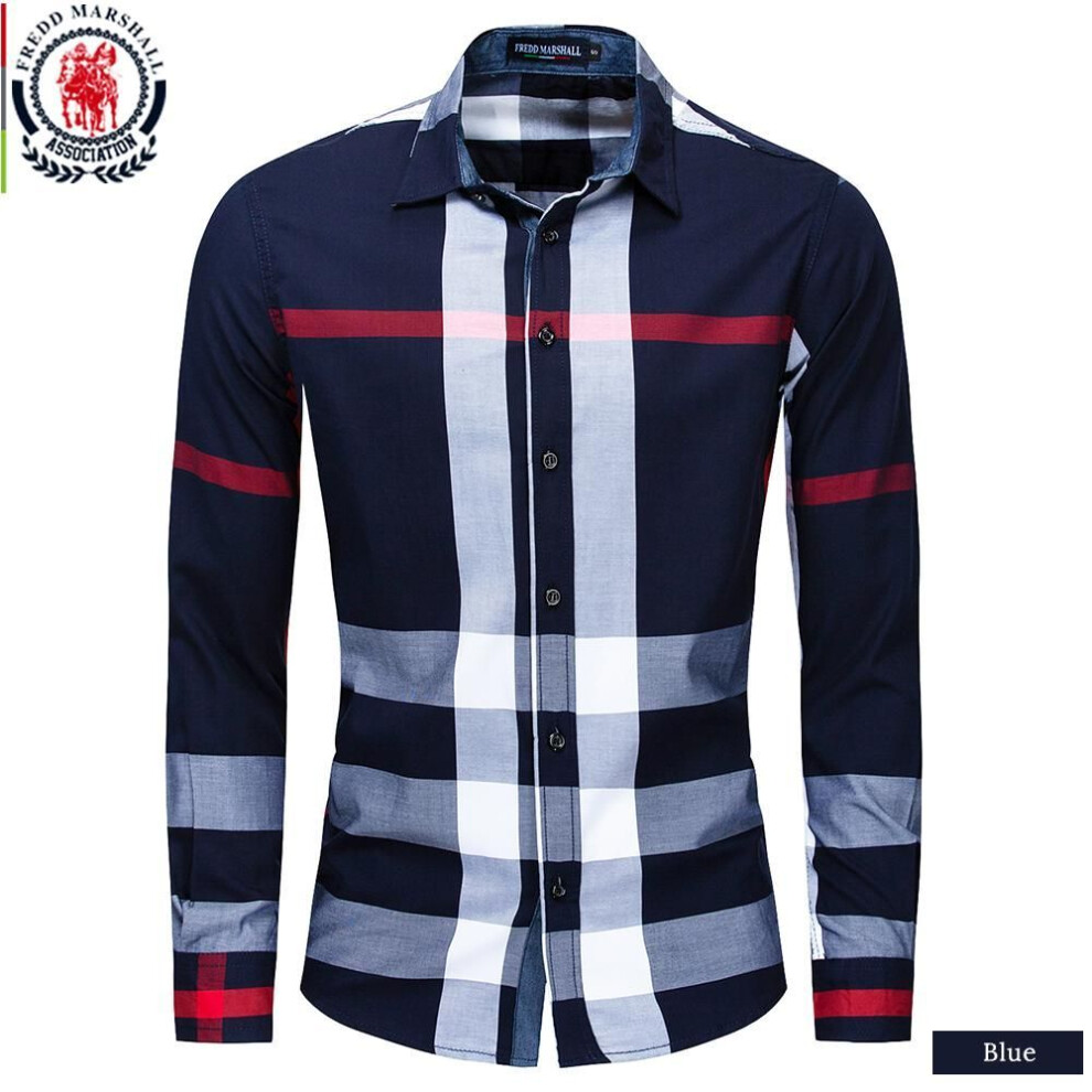 (L, navy blue) Fredd Marshall Men&apos;s Shirt 2021 Summer Fashion Plaid Shirt Men Long Sleeve Casual Slim Fit Shirts 100% Cotton Chemise Homme 199