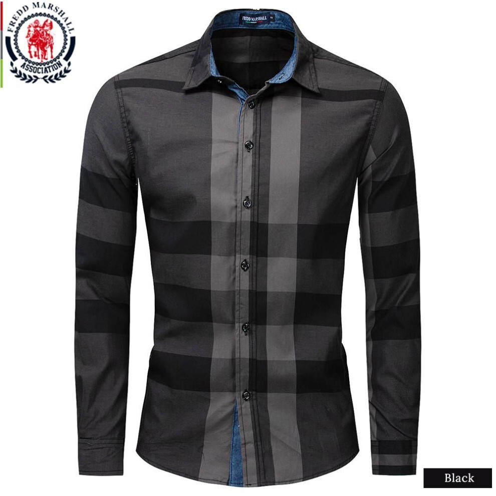 (S, black) Fredd Marshall Men&apos;s Shirt 2021 Summer Fashion Plaid Shirt Men Long Sleeve Casual Slim Fit Shirts 100% Cotton Chemise Homme 199