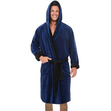 (2XL,Navy Blue)Men Hooded Bathrobe Soft Fleece Dressing Bath Robe Kimono Gown Nightwear Sleepwear