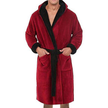 (3XL,Red)Men Hooded Bathrobe Soft Fleece Dressing Bath Robe Kimono Gown Nightwear Sleepwear