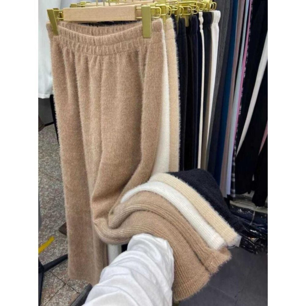 (khaki, L) New Winter Thick Vintage Elastic Waist Straight Pants Female All Match Mink Velvet Slim Wide Leg Loose Pants Women Casual Clothing