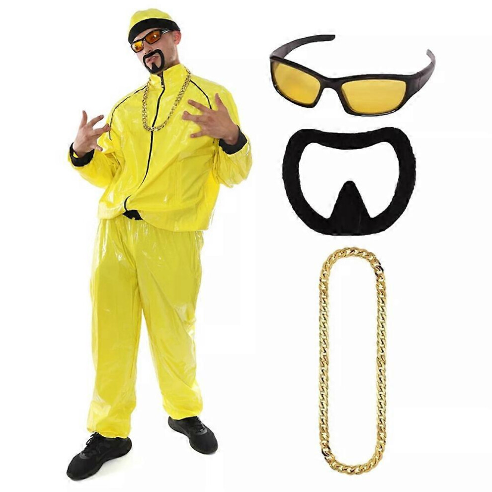 (S) Mens 90'S Rapper Costume Accessories Set Glasses Beard Necklace Gangster Novelty Adults Fancy Dress Props