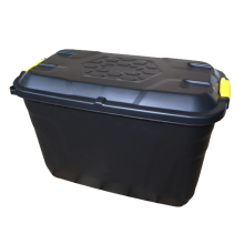 110L Heavy Duty Lockable Stackable Storage Chest Trunk on Wheels with Clips in Black