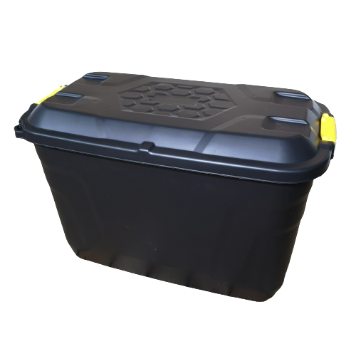 Strata 110L Heavy Duty Lockable Stackable Storage Chest Trunk on Wheels with Clips in Black