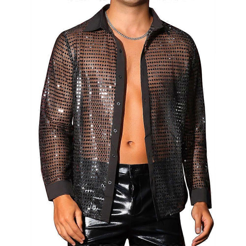 (Xl, ) Men's 70S Disco Shirt Metallic Sequins Shiny Long Sleeve Party Tops Nightclub Prom Shirts Black