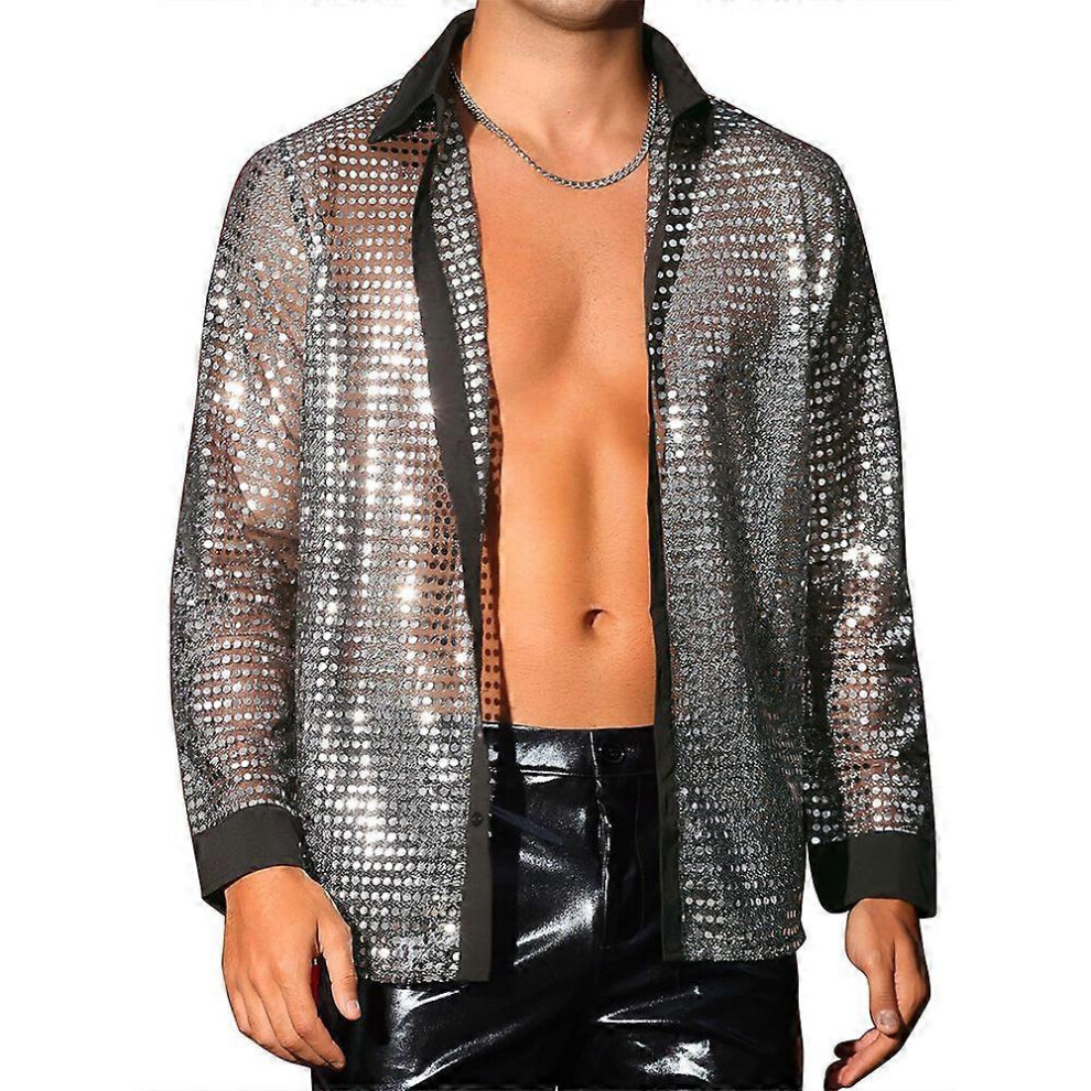 (M, ) Men's 70S Disco Shirt Metallic Sequins Shiny Long Sleeve Party Tops Nightclub Prom Shirts Silver