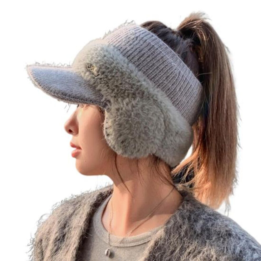 (grey) Women Autumn Winter Knitting Baseball Hat Letter Design Earflap Plush Warm Hat Outdoor Sport Windproof Ponytail Hat