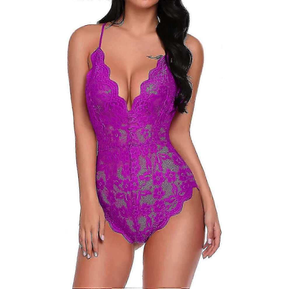 (Burgundy,Large)Lingerie une pièce pour femme - Body en dentelle sexy - V profond - Teddy