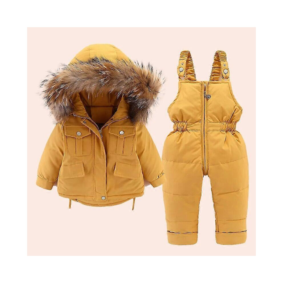 (18M,Yellow)2pcs children clothing Set Baby toddler Girl clothes winter down jacket + jumpsuit Thicken Warm fur collar Infant snowsuit 0-5 Y