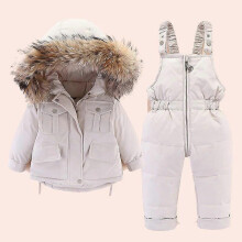 (24M,Beige)2pcs children clothing Set Baby toddler Girl clothes winter down jacket + jumpsuit Thicken Warm fur collar Infant snowsuit 0-5 Y