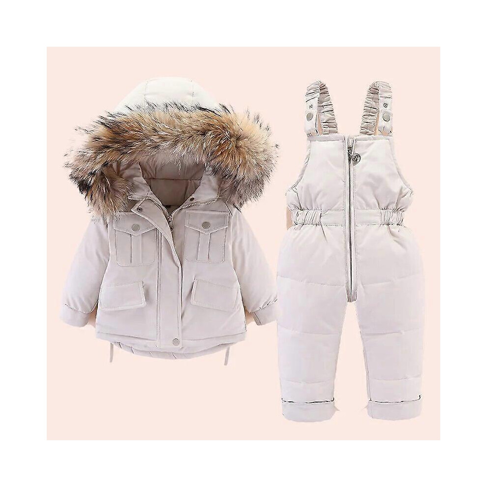 (5T,Beige)2pcs children clothing Set Baby toddler Girl clothes winter down jacket + jumpsuit Thicken Warm fur collar Infant snowsuit 0-5 Y