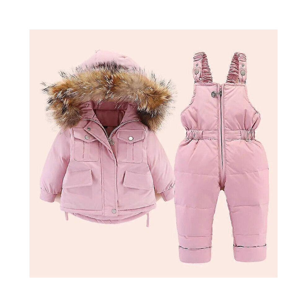 (4T,Pink)2pcs children clothing Set Baby toddler Girl clothes winter down jacket + jumpsuit Thicken Warm fur collar Infant snowsuit 0-5 Y