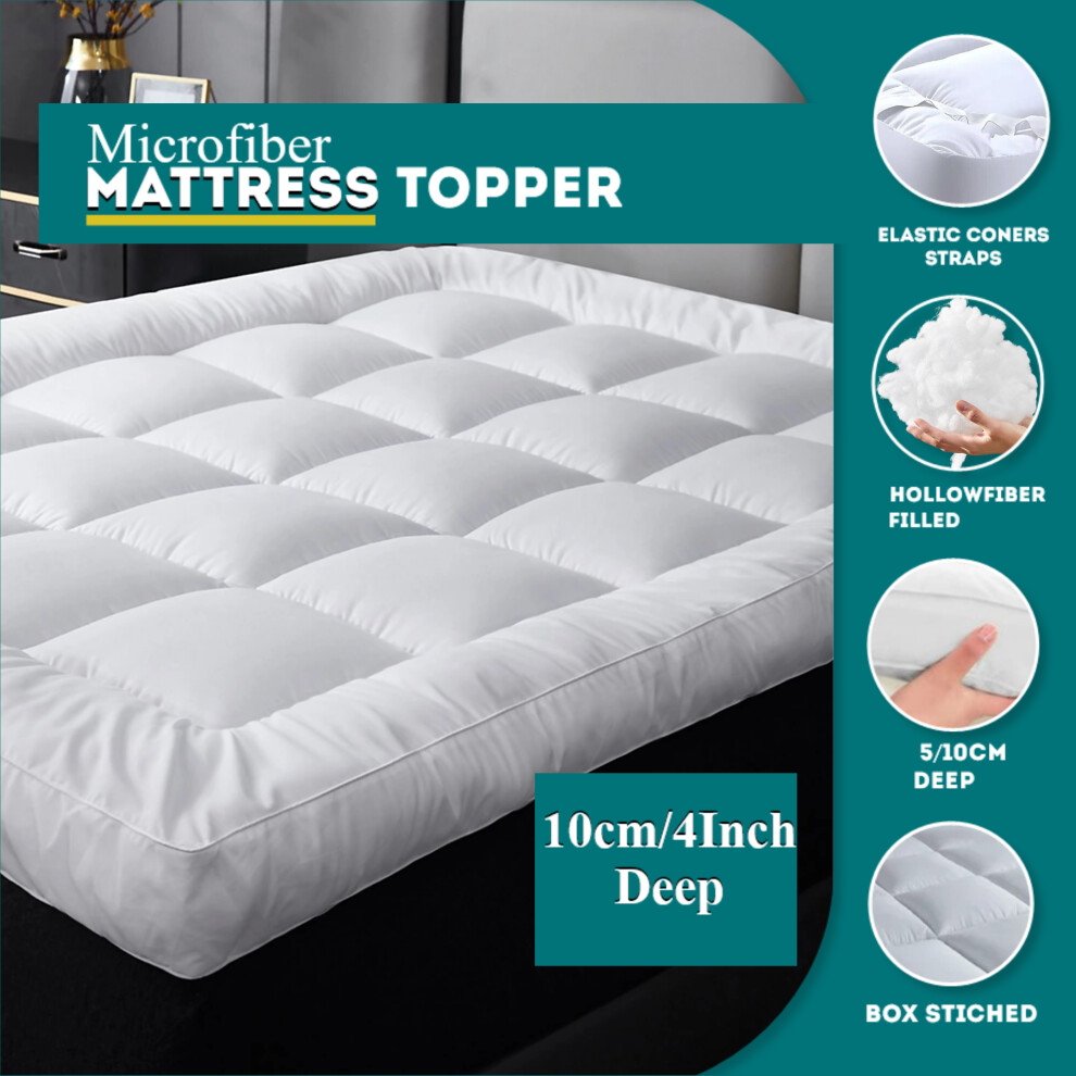 (Super-King, 10cm/4inch) Microfiber Mattress Toppers 5cm,10cm Thick Box Stitched Elasticated Corner Straps Well Padded Toppers.