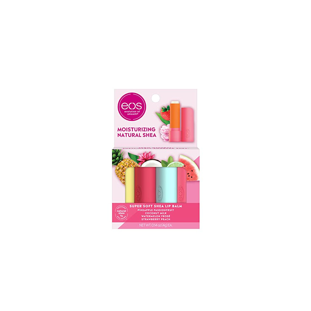 Eos Peach Super Soft Shea Variety Pack Lip Balm Sticks, Coconut Milk, Watermelon Frose, Pineapple Passionfruit, & Strawberry Lip Care, Pack Of 4