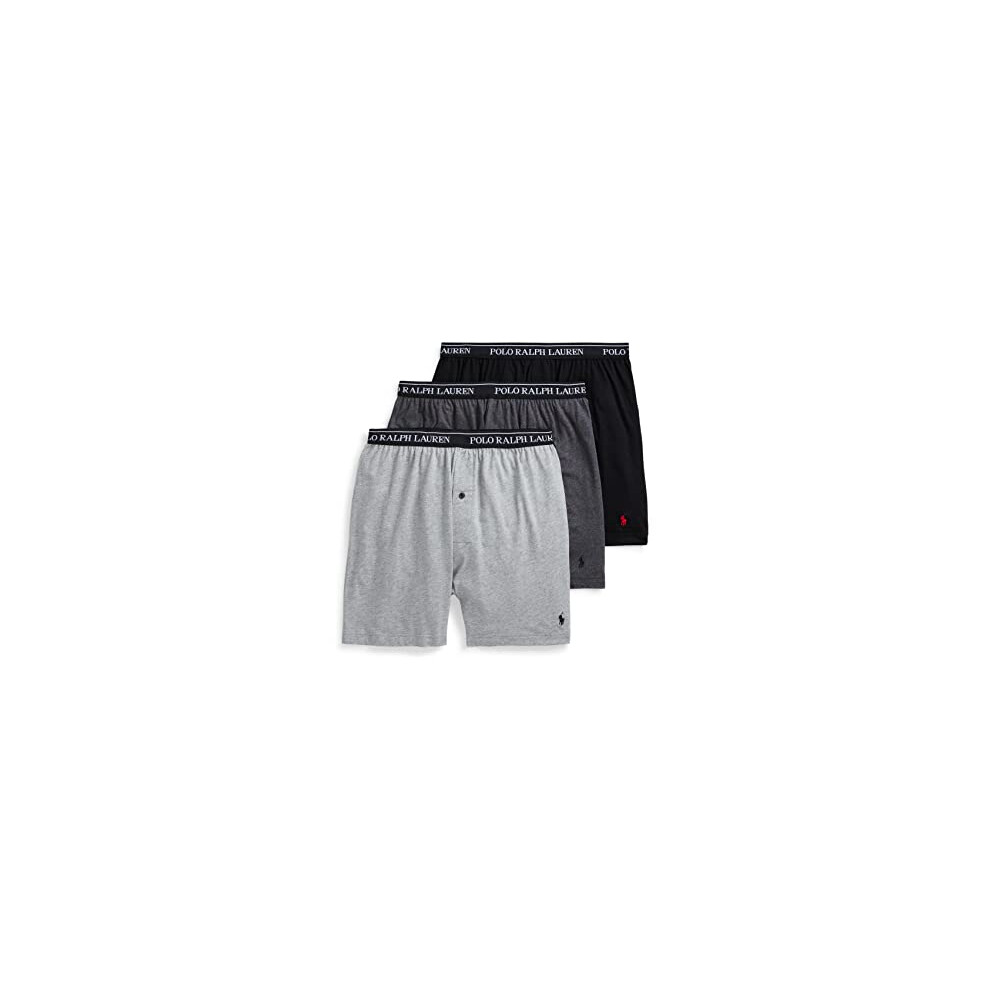 POLO RALPH LAUREN Mens Classic Fit W/Wicking 3-pack Knit Boxer Shorts, Andover Heather/Polo Black, Madison Heather/Polo Black, Polo Black/Red, Medium