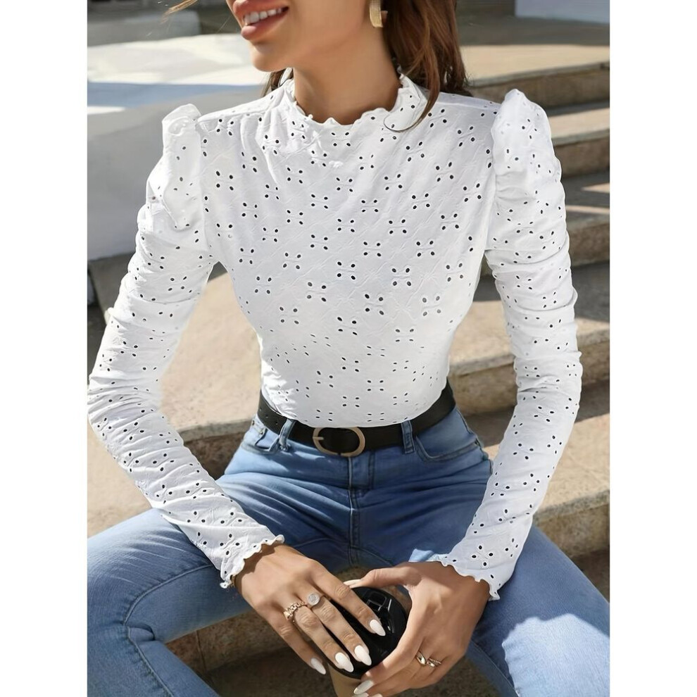 (M, white) Lettuce Trim Eyelet Top, Elegant Long Sleeve Top For Spring & Fall Winter, Women&apos;s Clothing