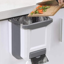 Kitchen Bin Plastic Folding Wall Mounted for Cupboard Door Hanging Trash Can 8L (White)