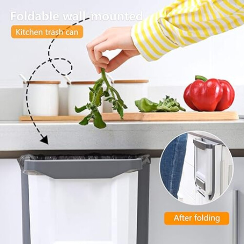Kitchen Bin Plastic Folding Wall Mounted for Cupboard Door Hanging Trash Can 8L (White) 2