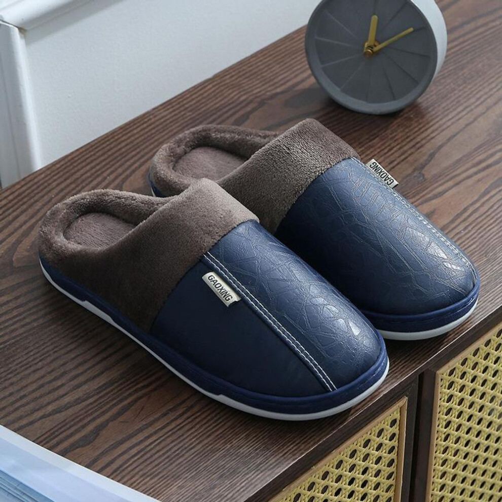 (navy, 40) Men Women Waterproof Pu Leather Winter Warm Plush Home Shoes House Slippers Indoor Anti-skid