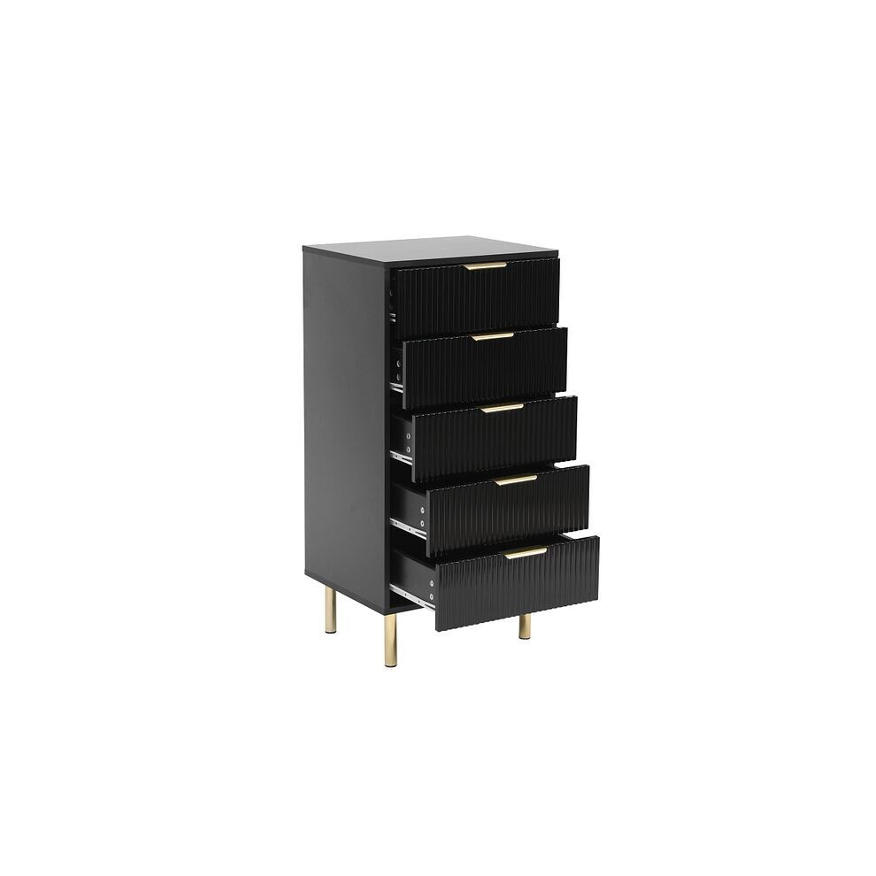 Commode laquée noire, poignées et pieds dorés, 5 tiroirs