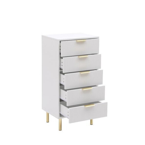 Commode en laque blanche, poignées et pieds dorés, 5 tiroirs