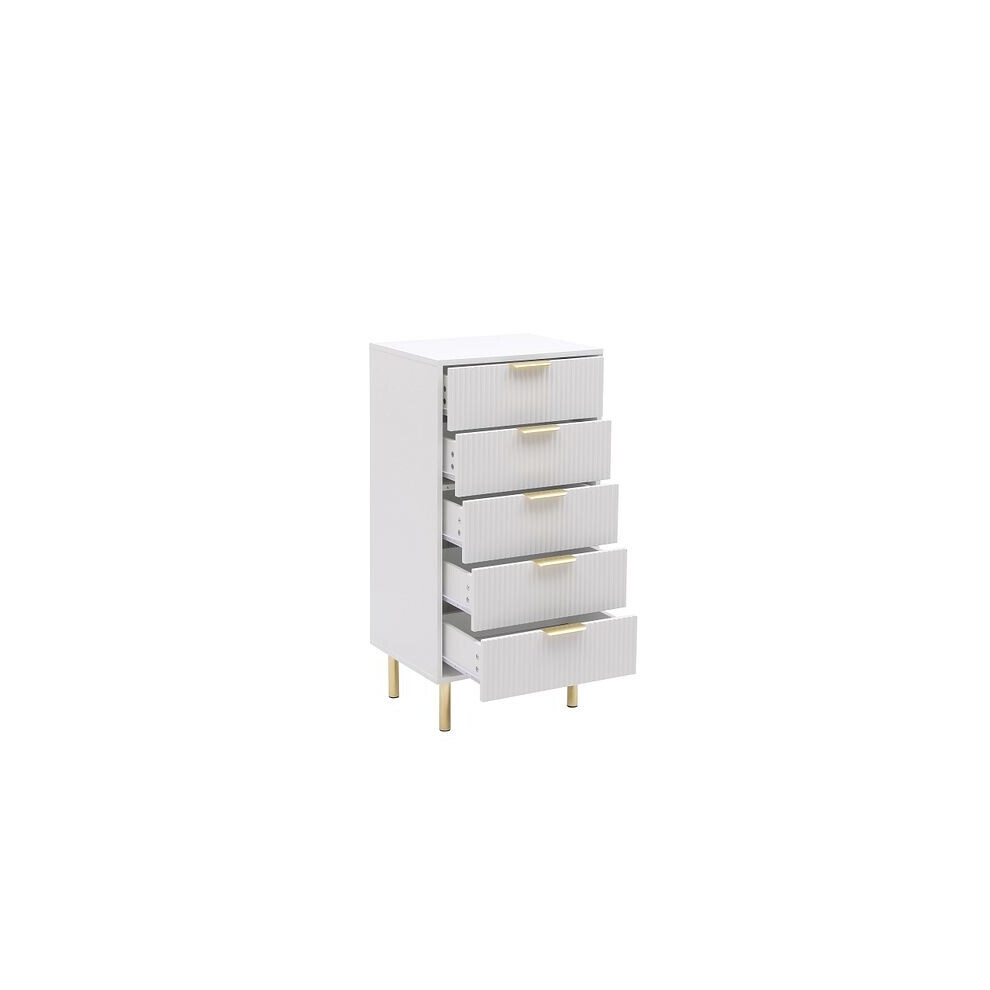 Mmt Furniture Designs White Gloss Chest Of Drawers, Gold Handles & Legs, 5 Drawer White,Gold