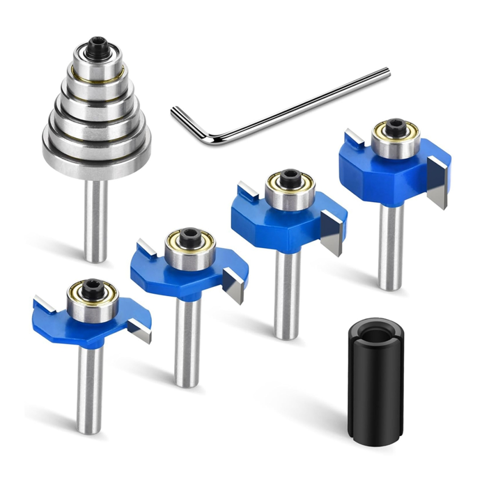 4Pcs Router Bits 1/4 Shank With 6 Bearings Set Rabbeting Bit For Wood Grooving 1/2In To 1/4In Collet 4853480267854