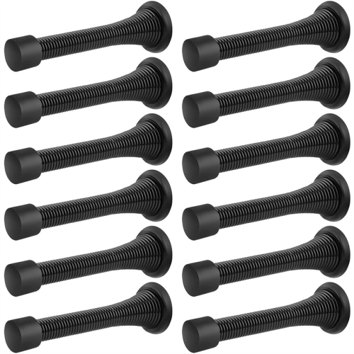 12 Pack Black Spring Door Stops, Flexible Stopper with Low Mounted Rubber Bumper Tips 1