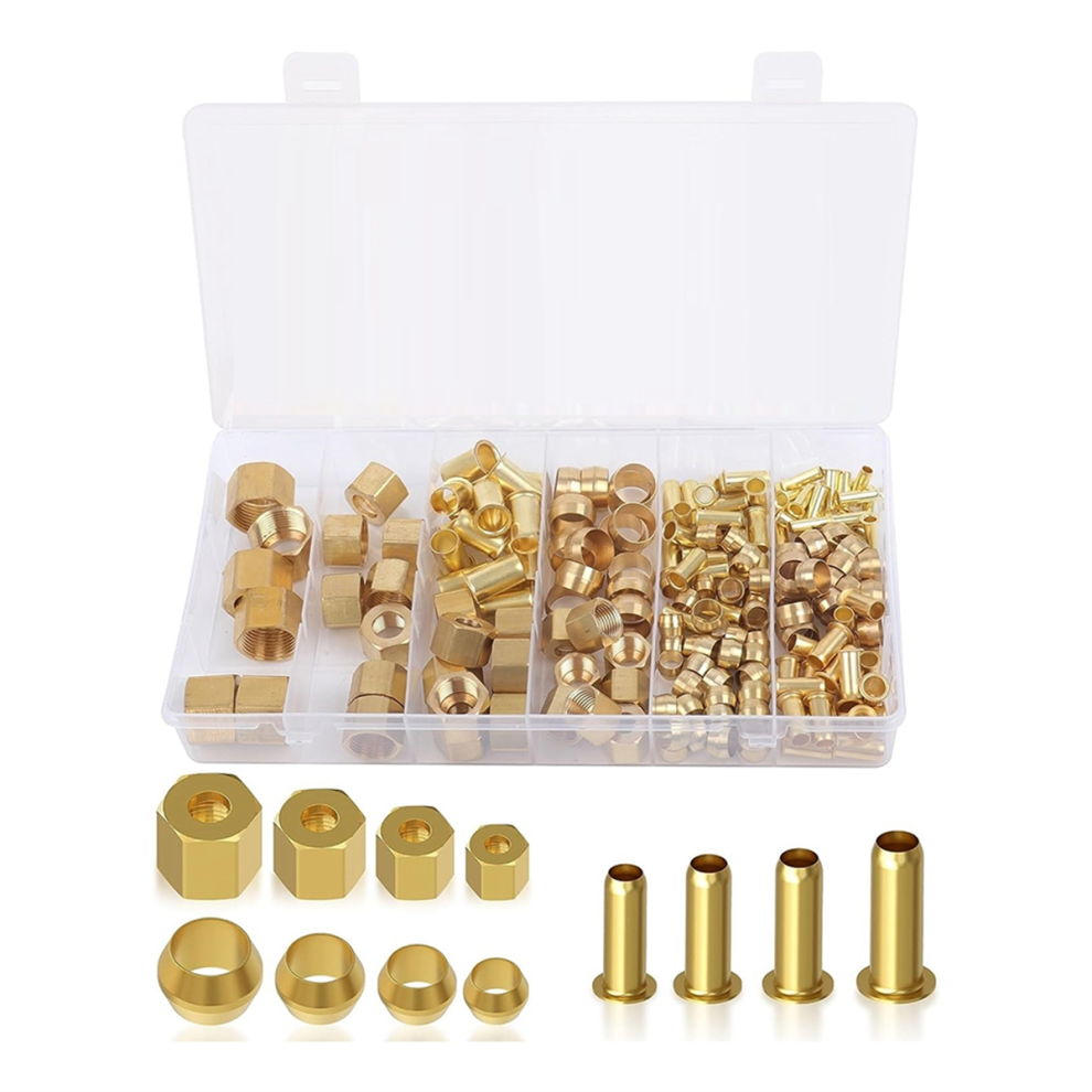 Kit d'assortiment de raccords à compression 180 pièces (1/4 po, 3/8 po, 5/16 po, 1/2 po) de manchon en laiton, insert et écrous