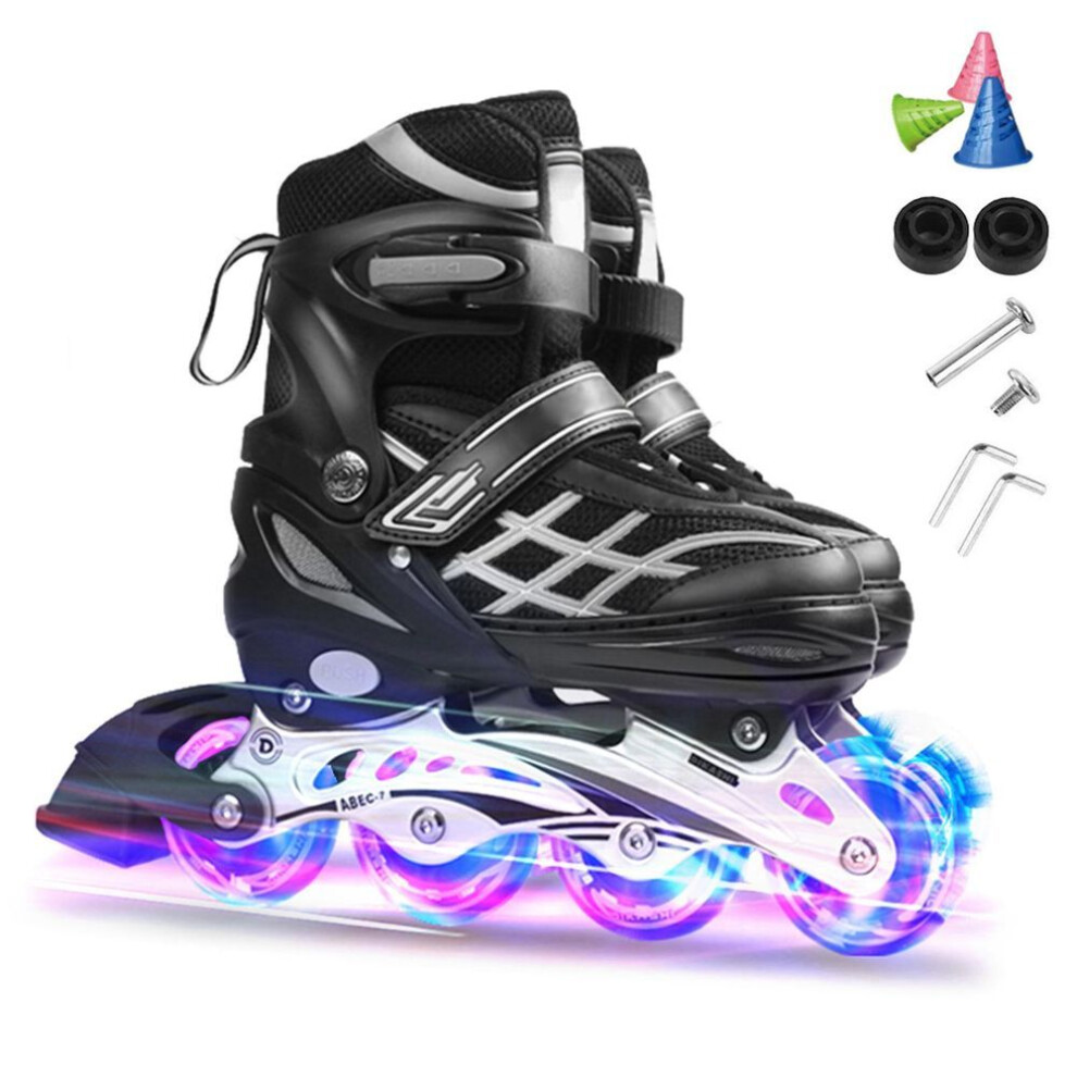 (black, M) Adjustable Illuminating Inline Skates With Light Up Wheels For Kids And Youth Inline Skates For